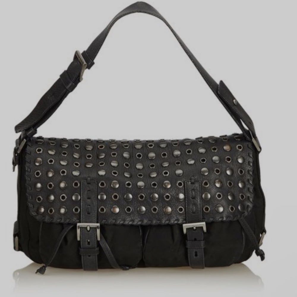 PRADA - Grommet black leather and nylon vintage shoulder purse.